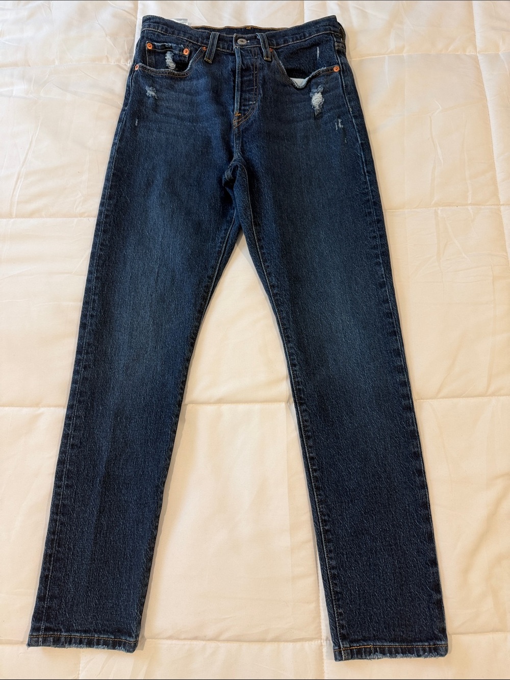 Levi's 501 S Dark Blue Button Fly High-Rise Skinny Distressed Jeans 27x30